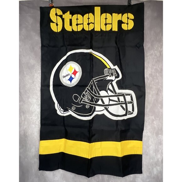 Pittsburgh Steelers NFL Embroidered Double Sided Nylon Banner Flag VTG 27” x 44” - Picture 1 of 7